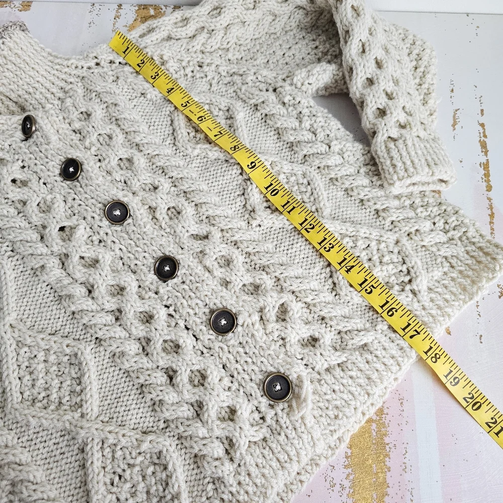 Vintage Hand Knit Cream Chunky Cardigan  Sweater Jacket Children Size Large